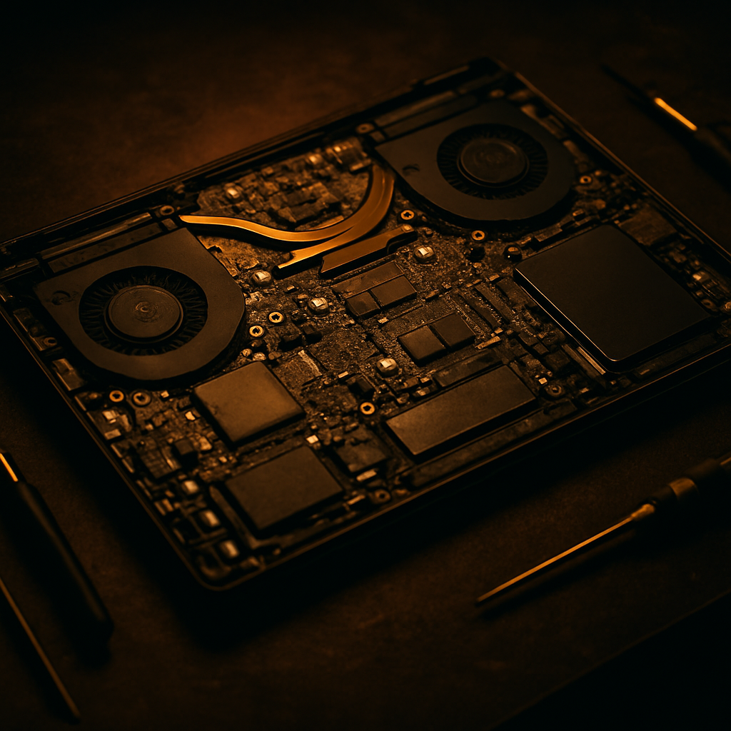 Geopende laptop met zichtbaar moederbord tijdens reparatie